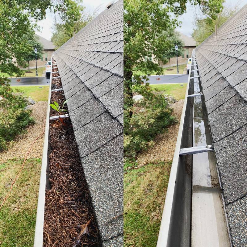Rain gutter shown before and after professional gutter cleaning