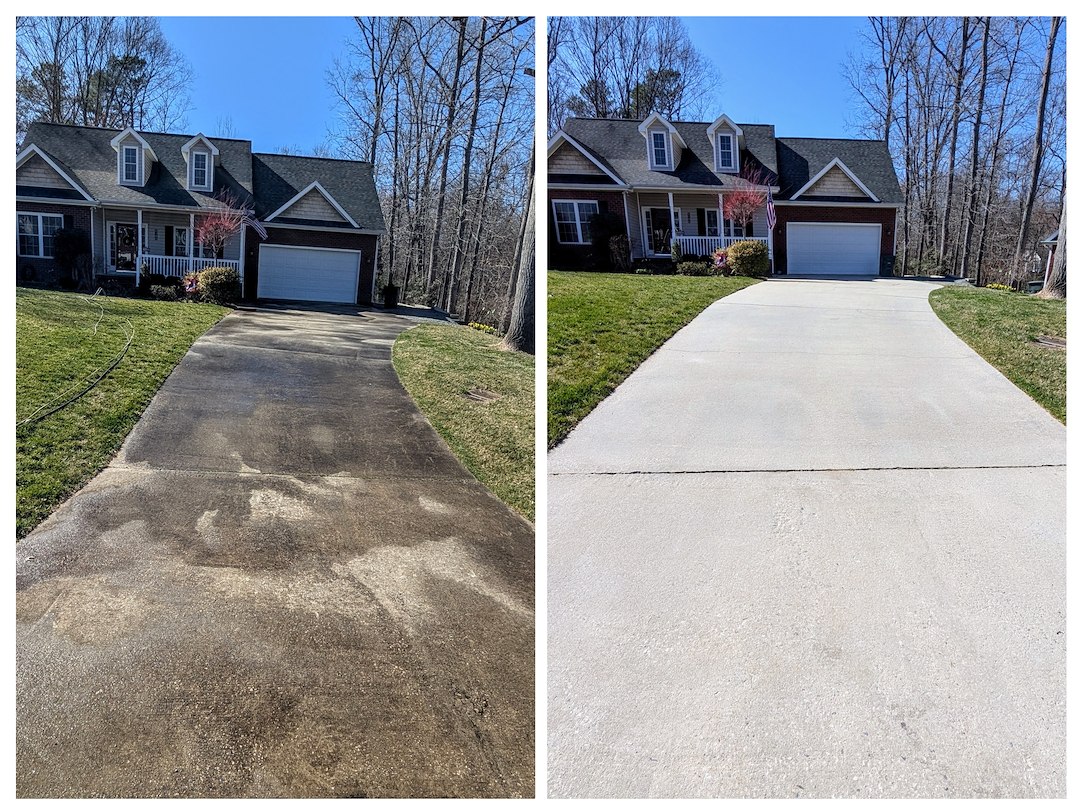 Concrete driveway shown before and after professional pressure washing
